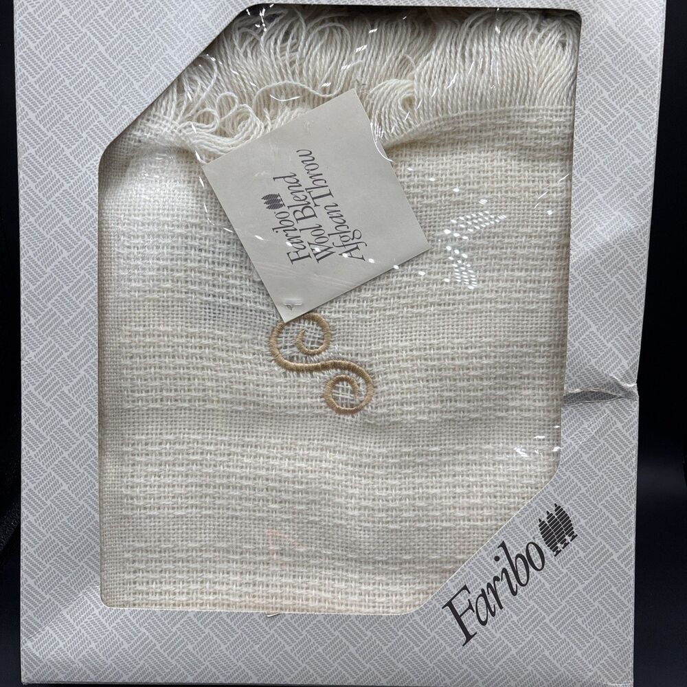 Vtg Faribo Wool Blend Afghan Throw White NEW in Original Box 50"x60", Monogram S